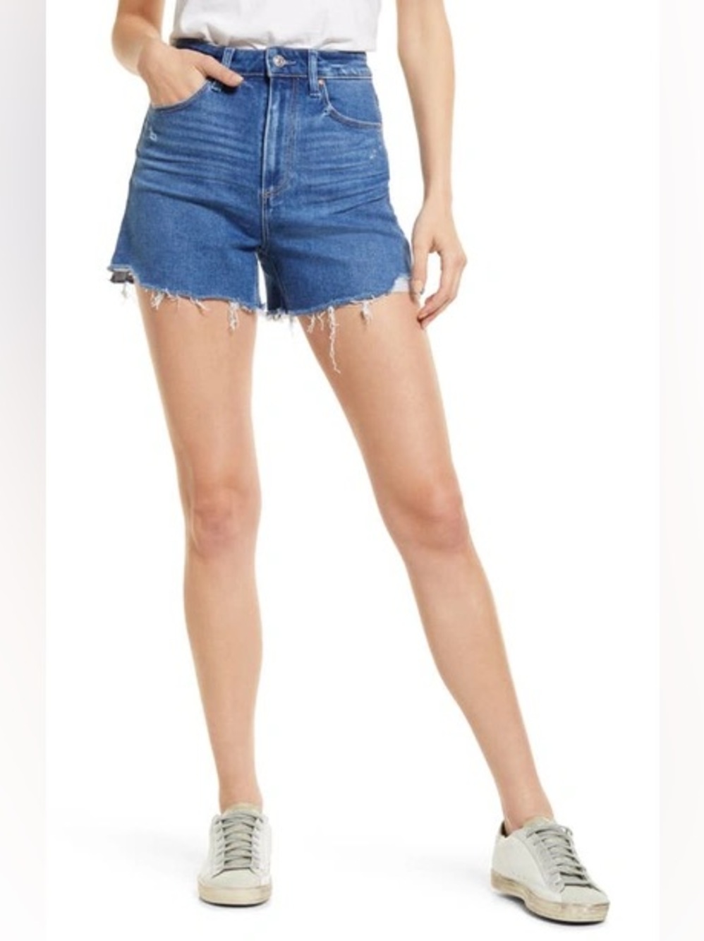 PAIGE Distressed Blue Jean Shorts